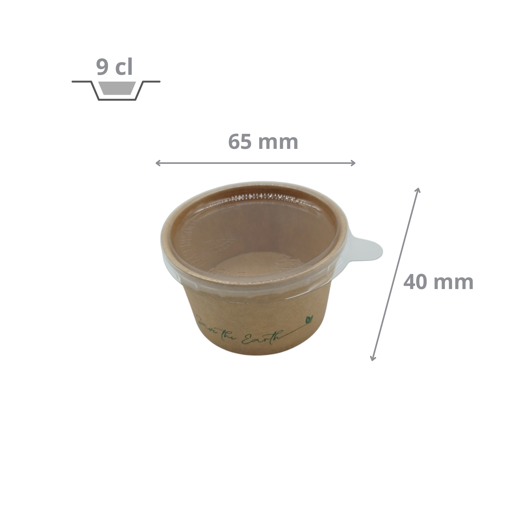 Pot à sauce / Verrine de 90 ml en carton kraft brun avec couvercle en plastique RPET